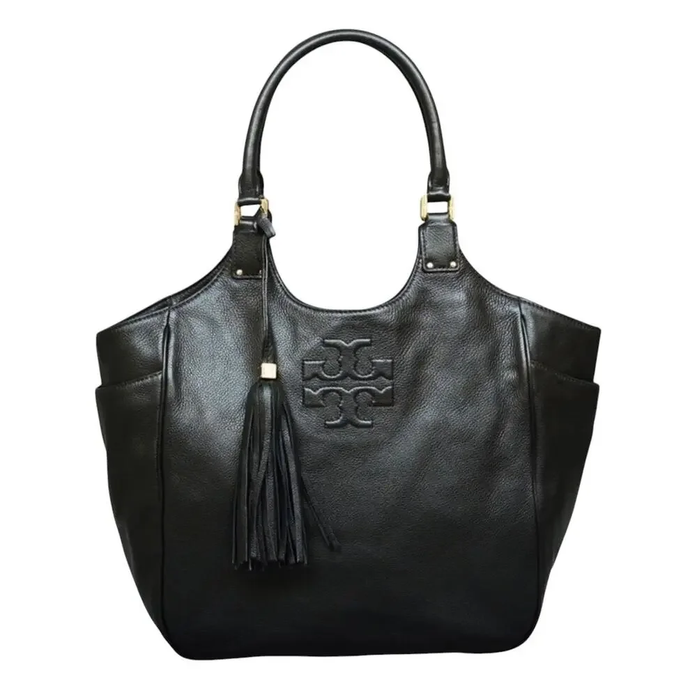 Tory Burch Thea Round Tassel Tote Black Pebbled Leather Hobo Bag